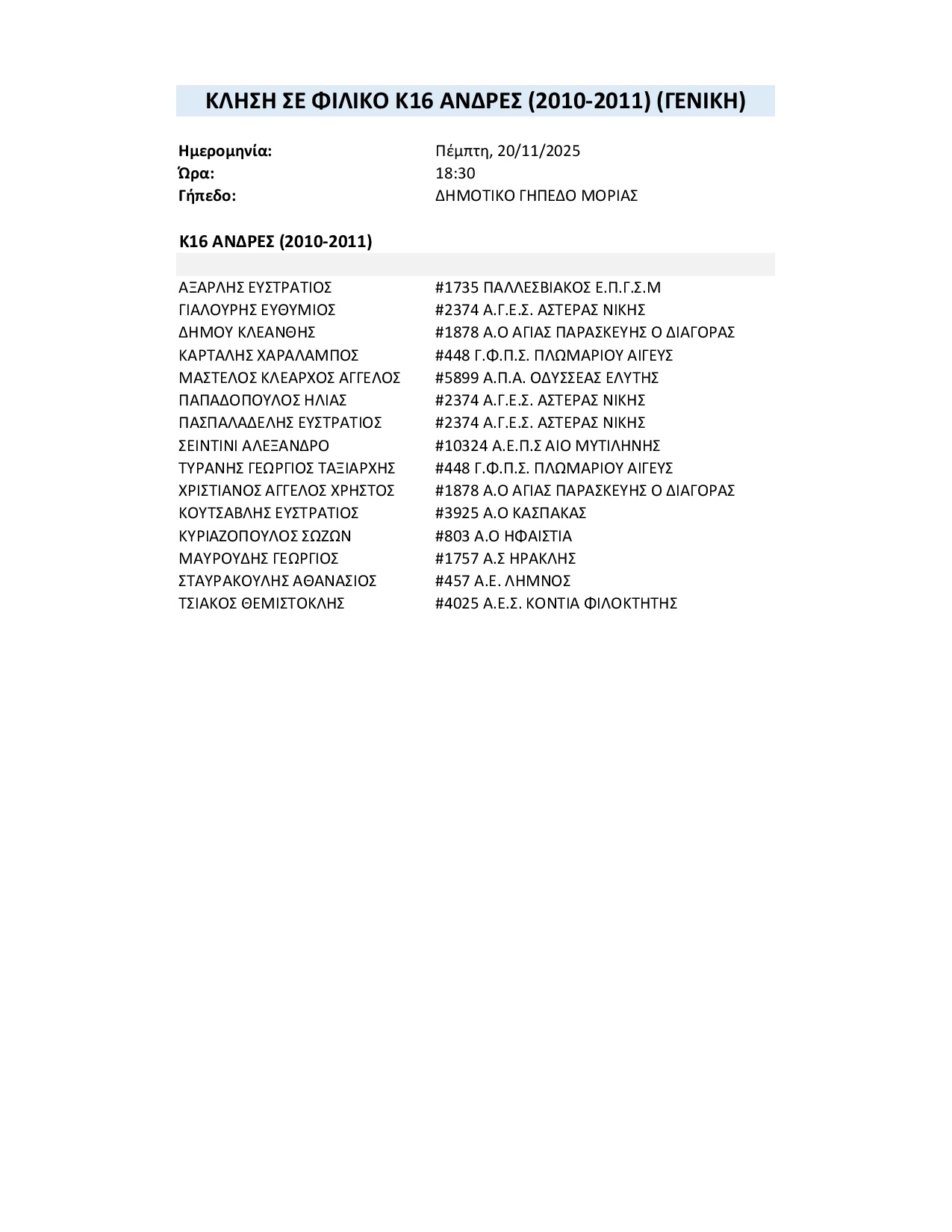  ΦΙΛΙΚΟ K16 ΓΕΝΙΚΗ 20 11 2025
