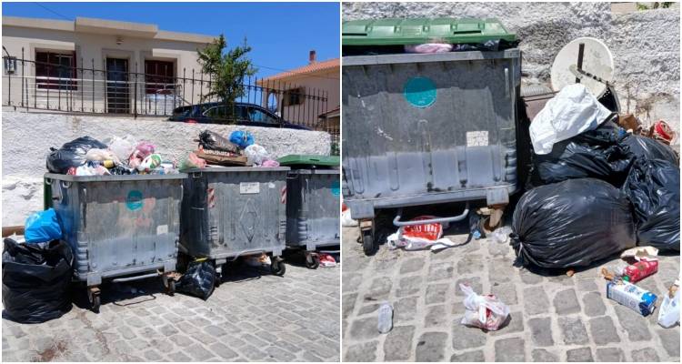 Γεμάτοι κάδοι στον δρόμο για το Κάστρο της Μυρινας